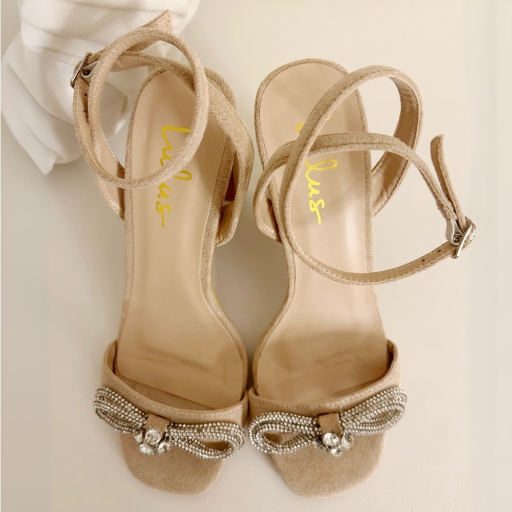 LULUS Lonally Light Nude Suede Rhinestone High Heel Sandals NWOB - Picture 6 of 10